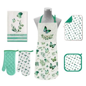 Custom Printed Logo Design Economy Cottn Polyester Kitchen Chef Apron Cooking Design Oven Gloves Tea Towel Apron Set
