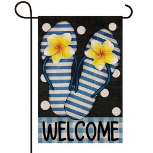 Welcome Floral Stripes Flip Flops Decoration Double Sided Burlap Garden Flag Summer Dot Buffalo Check Rustic Farmhouse Beach Outdoor Yard Flag