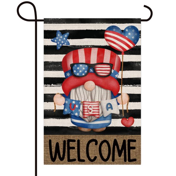 Welcome USA Patriotic Gnome With Balloon Memorial Day Double Sided Burlap Garden Flag