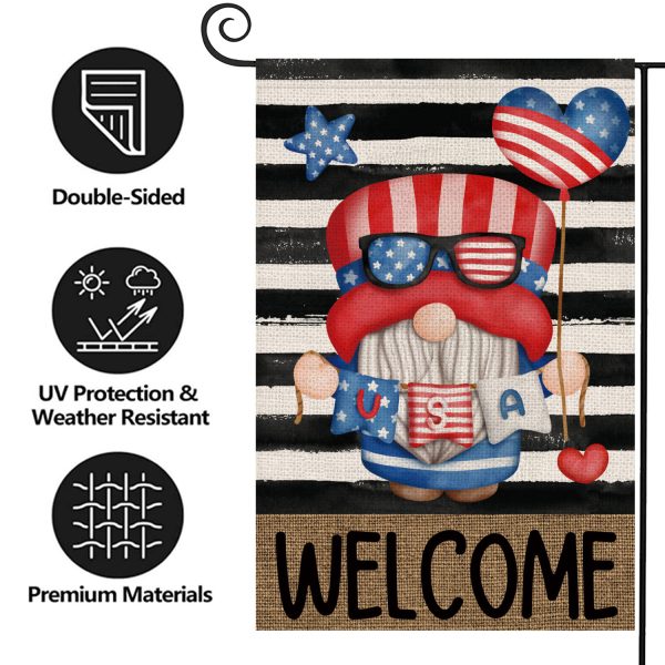 Welcome USA Patriotic Gnome With Balloon Memorial Day Double Sided Burlap Garden Flag