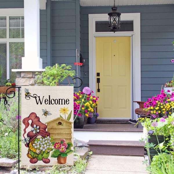 Welcome Flower Gnome Decoration Double Sided Burlap Garden Flag