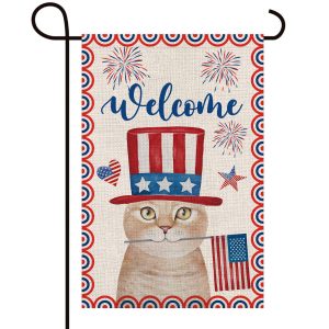 Welcome Cute Cat With Stars and Stripes Hat Decoration