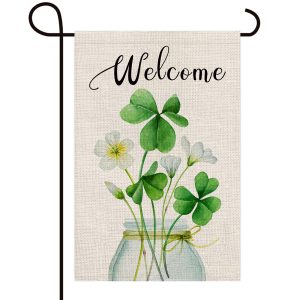 Welcome Mason Jar Clover Floral Decoration St.Patrick's Day Double Sided Vertical Burlap Garden Flag