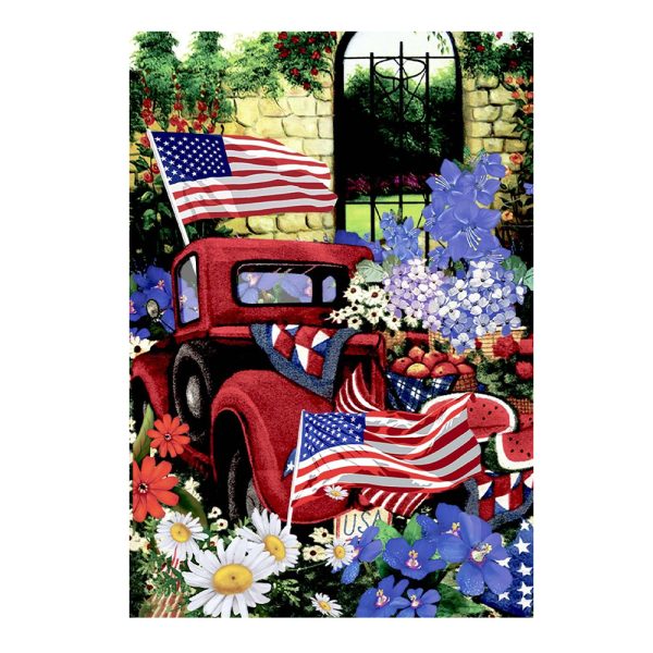 Red Retro Car American Flag 4th of July Garden Flag