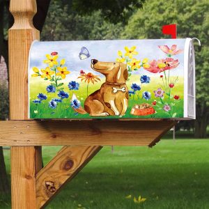 Texupday Cute Dog Puppy Floral Decoration Mailbox Cover