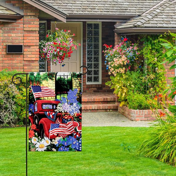 Red Retro Car American Flag 4th of July Garden Flag