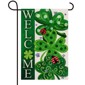 Welcome Shamrock Clover Trio Ladybug Decoration St.Patrick's Day Double Sided Vertical Burlap Garden Flag