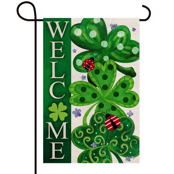 Welcome Shamrock Clover Trio Ladybug Decoration St.Patrick's Day Double Sided Vertical Burlap Garden Flag
