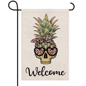 Welcome Pineapple Skull With Sunglasses Decoration Double Sided Burlap Garden Flag