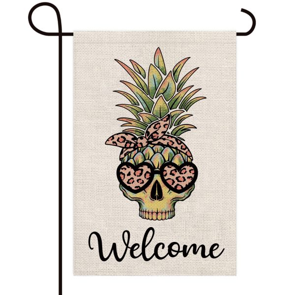 Welcome Pineapple Skull With Sunglasses Decoration Double Sided Burlap Garden Flag