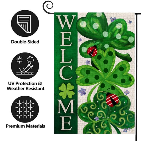 Welcome Shamrock Clover Trio Ladybug Decoration St.Patrick's Day Double Sided Vertical Burlap Garden Flag