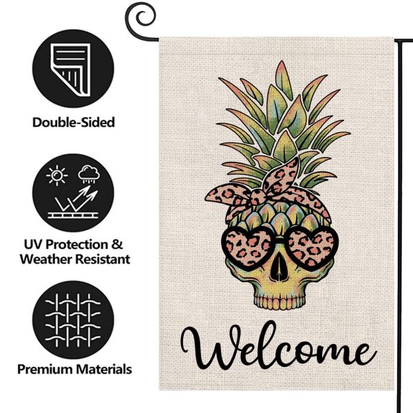 Welcome Pineapple Skull With Sunglasses Decoration Double Sided Burlap Garden Flag