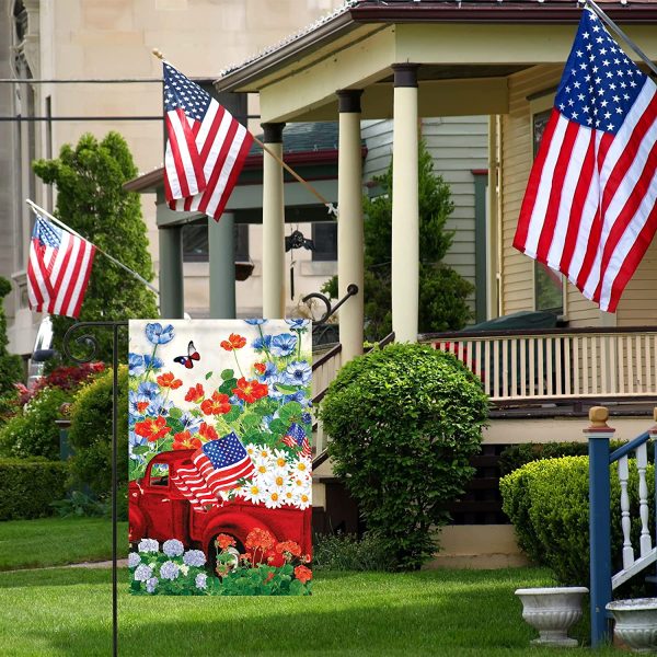 America Patriotic Red Truck Floral Daisy House Decoration Spring Summer Garden Flag
