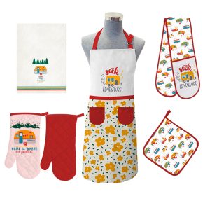 Custom Printed Logo Design Economy Cottn Polyester Kitchen Chef Apron Cooking Design Oven Gloves Tea Towel Apron Set