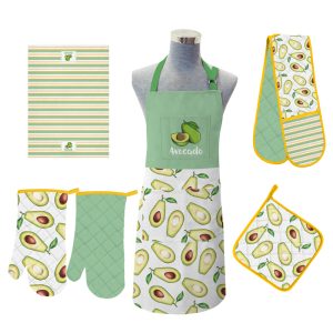 Kitchen Set-Apron Pot Holders Hot pads Oven gloves Tea Towels
